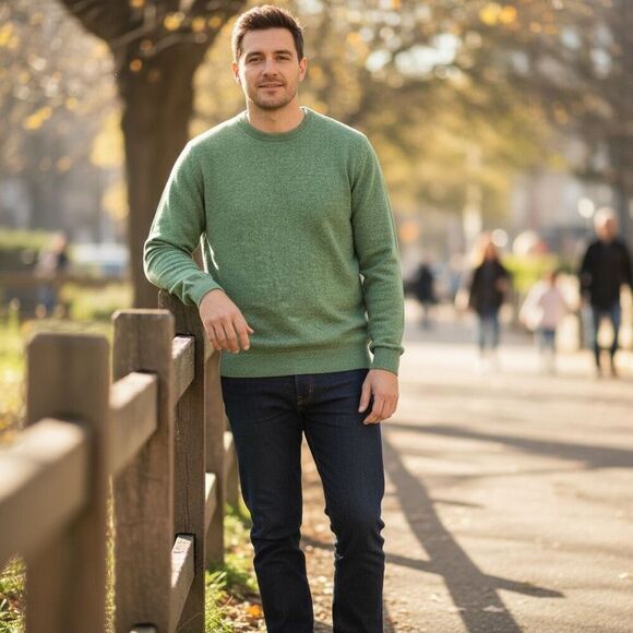 ALAN FLUSSER 100% Pure Cashmere Crewneck Sweater Green Men’s Classic Soft Luxury - Picture 4 of 8